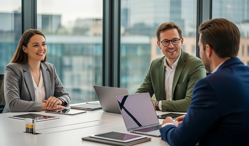 Three colleagues talking around a meeting table with laptops