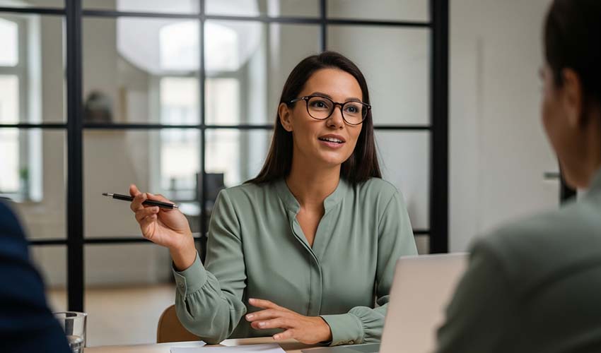 Woman in glasses explaining a point during a meeting