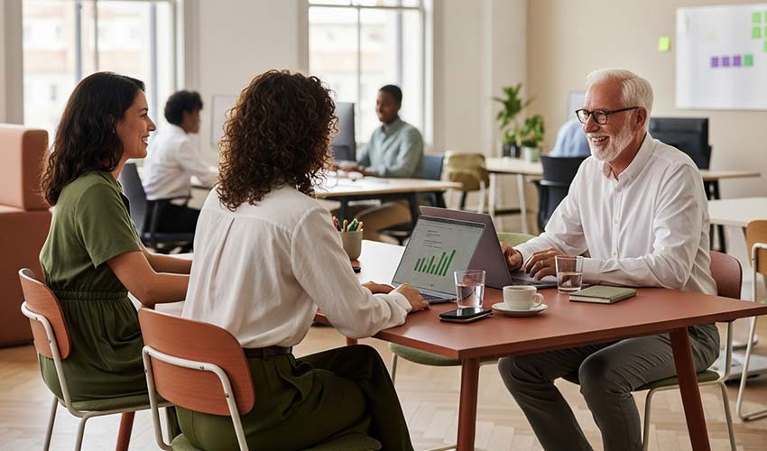 Colleagues meeting at tables in a bright open office