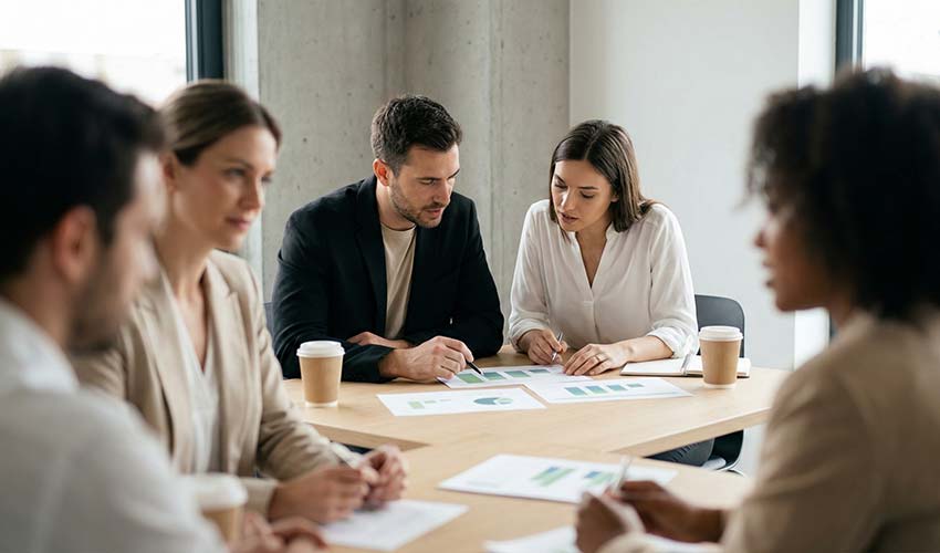 Team reviewing printed charts around a table